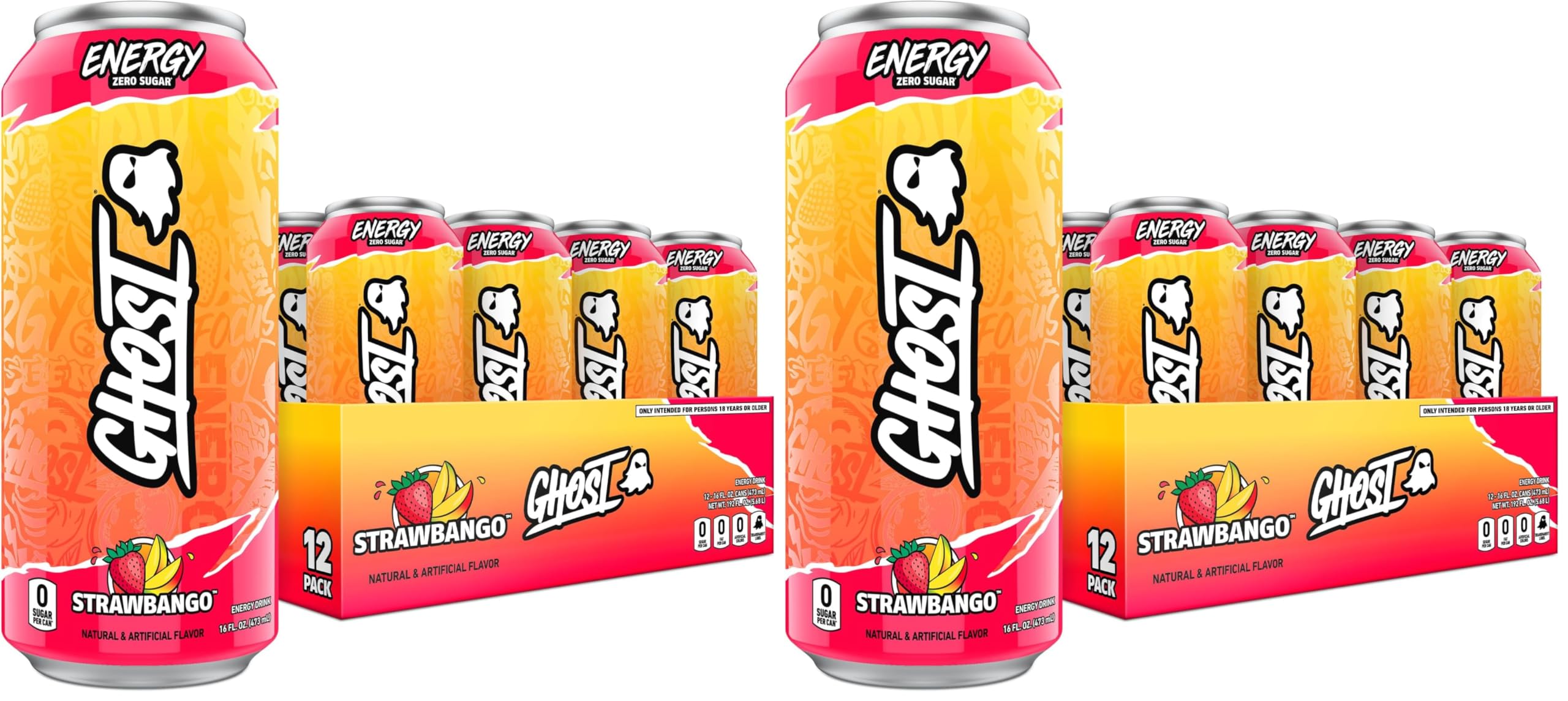 GHOST Energy Drink - 12-Pack, Strawbango, 16oz - Energy & Focus & No Artificial Colors - 200mg of Natural Caffeine, L-Carnitine & Taurine - Gluten-Free & Vegan